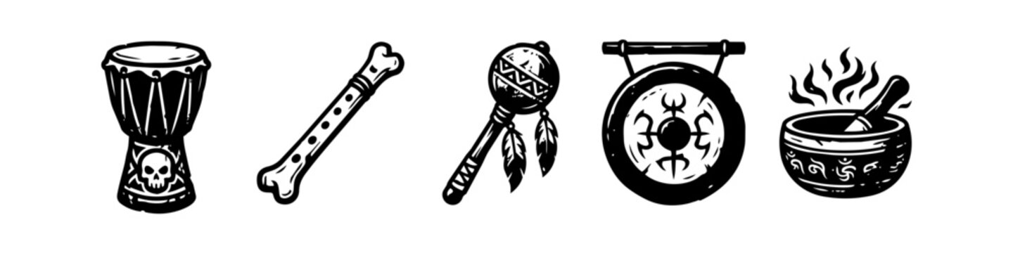 Shamanic Ritual Instruments Hand Drawn Icon Set