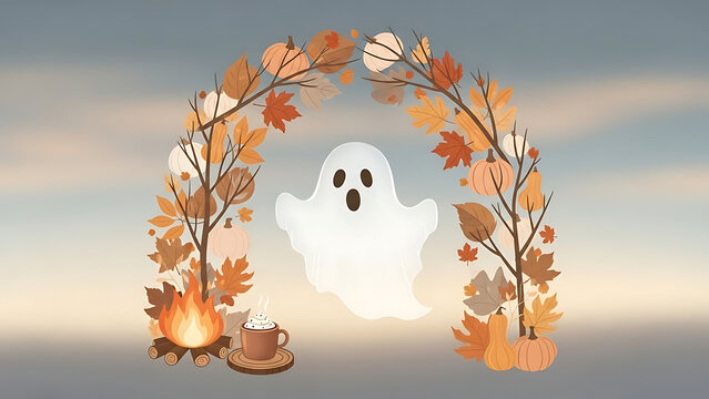 A cute white ghost framed by autumn leaves and pumpkins isolated on a transparent background