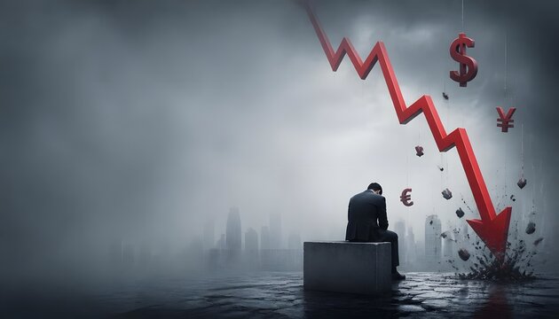 A depressed businessman sitting on a block facing a dramatic plunging red arrow that smashes into the ground, symbolizing a global financial crisis, stock market crash, and corporate economic downturn
