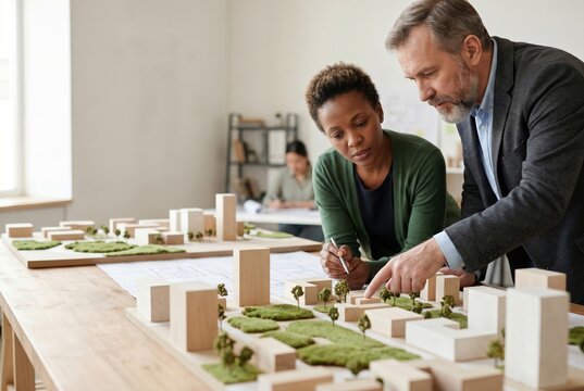 City planner and sociologist reviewing urban development model