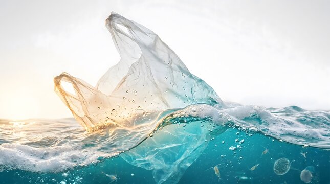 Minimalist illustration of a plastic grocery bag and a skeleton leaf on marble symbolizing environmental pollution