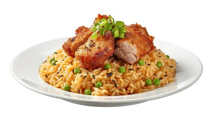 Fototapeta premium Stir-fried rice and pork, set against a white backdrop.