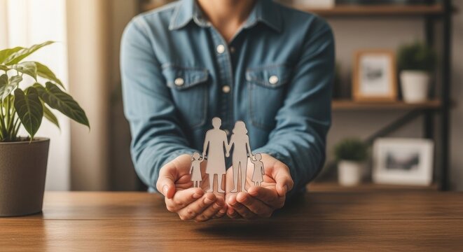 Protecting family hands holding paper cutout of a family silhouette