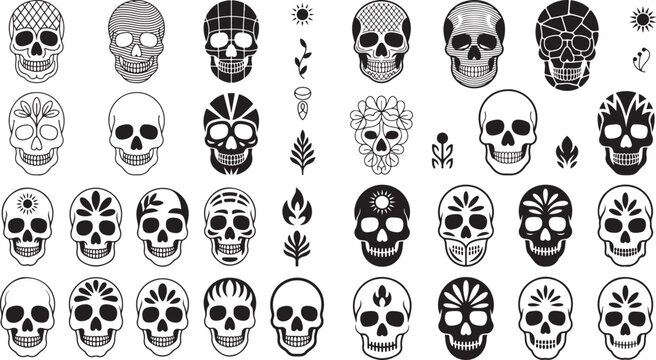 Collection of black and white skulls with various designs and patterns on white background