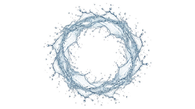 A realistic circular ring formed by splashing blue water with droplets frozen midair on a transparent background