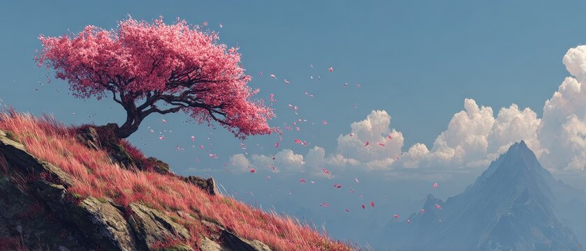 Cherry blossom tree bending in wind on open ridge landscape