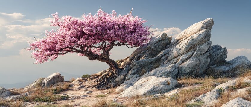 Sakura tree growing in harsh rocky landscape showing resilience