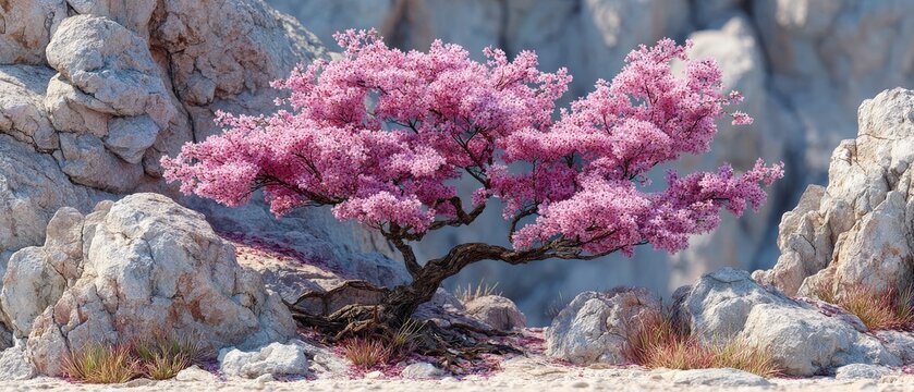Blossom tree adapting to rocky mountain surface environment
