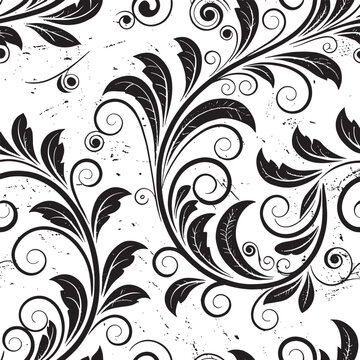 Elegant black floral pattern with swirling leaves and scrolls on transparent background for decorative wallpaper designs. Vector Illustration