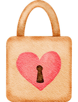 Watercolor Heart Padlock Illustration, Hand Painted Love Lock Security Gembok, Romantic Wedding and Safety Concept Clipart