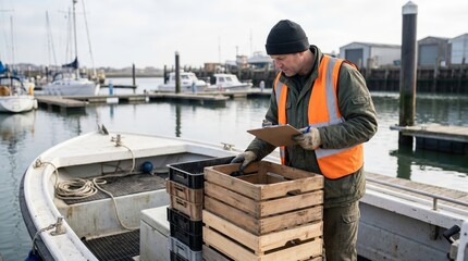 Fototapeta premium Harbor worker inspecting empty crates on docked boat
