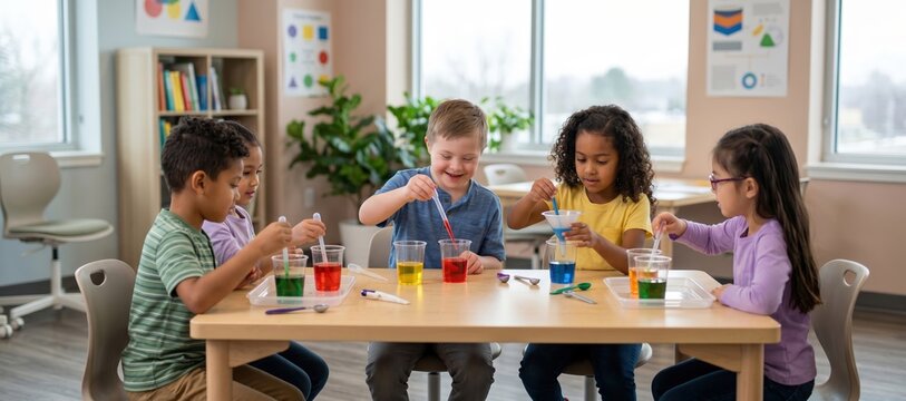 Diverse group of children conducting science experiment in classroom