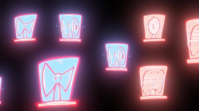 Cartoon sirens on a black background. Looped alarm signal background in 4K. Glowing blue and red lights stock video.