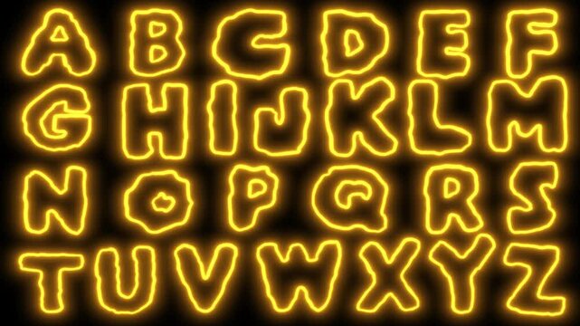 Neon yellow letters with distortion on a black background. English alphabet with golden glow in 4K.
