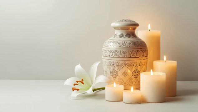 Urn, lit candles, and lily on a light backdrop with text space. Memorial theme.