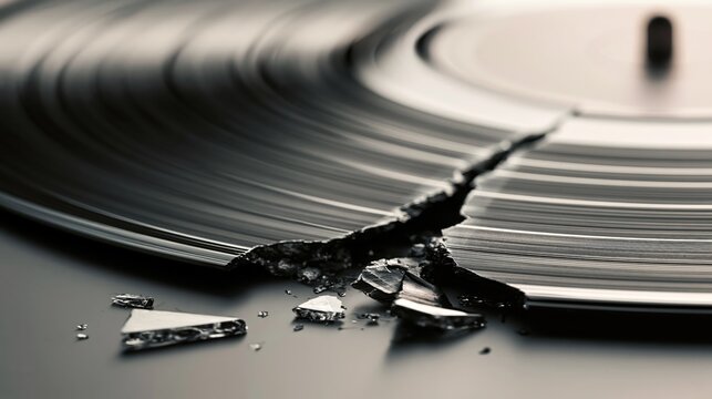 A broken vinyl record disc shattered into sharp pieces and fragments broken record