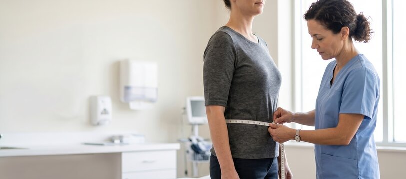 Nurse measuring patient's waist circumference in medical clinic