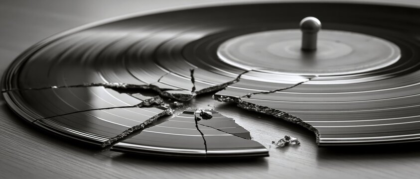 Close up black and white shot of a broken vinyl record on a wooden surface