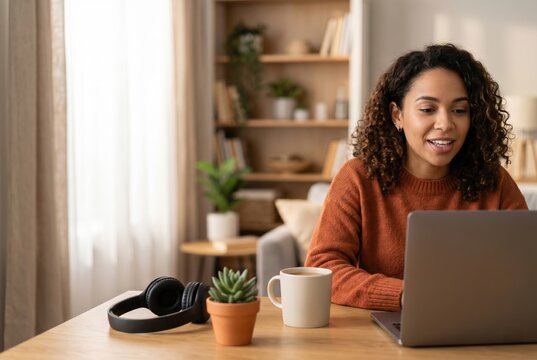 Remote job candidate speaking during virtual interview at tidy home desk