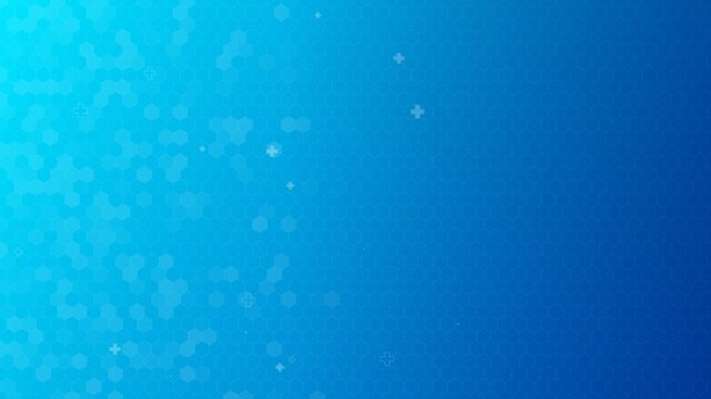 Animated medical technology background featuring glowing hexagon grid patterns and white cross particles on a blue gradient loop. Perfect for healthtech and clinical presentation slides