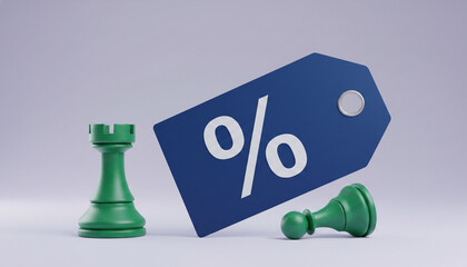 Obraz premium Green chess pieces and a blue tag with a percentage symbol, representing a business discount or a strategic sale offer