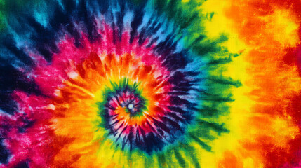 Obraz premium Vivid rainbow tie-dye spiral pattern on cotton fabric with bright pink, blue, green and yellow swirling rings