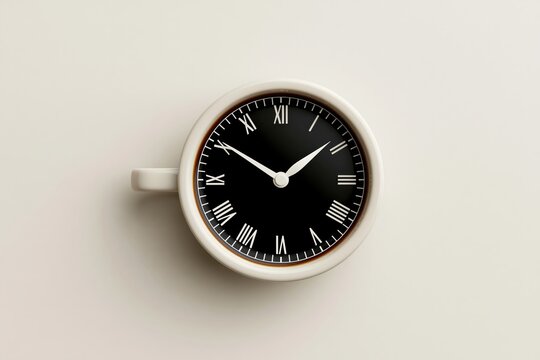 A white coffee cup with a black clock face displaying roman numerals and white hands