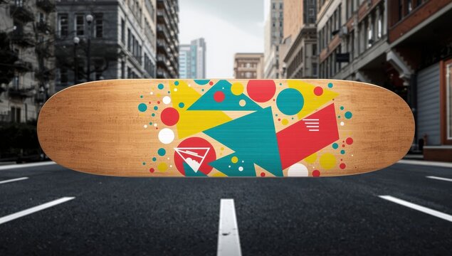 Vivid geometric patterns decorate a skateboard deck in teal, yellow, red, and white.