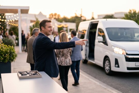 Event coordinator directing guests at shuttle van arrival