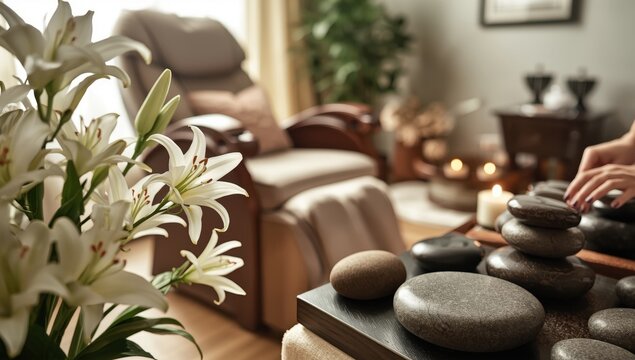 Wellness session featuring lovely lilies and healing stones.