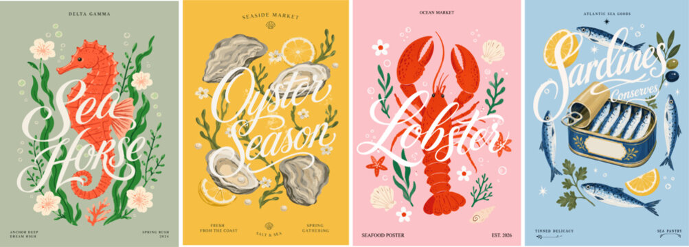 Italian seafood vector poster set with seahorse, oysters, lobster, sardines, seaweed, shells, lemon, elegant lettering, coastal market and ocean pantry design.