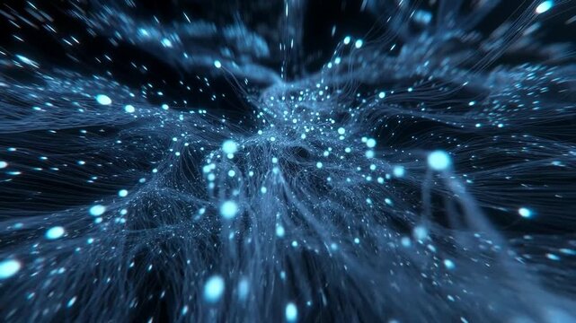 Blue luminous particle strands in abstract digital style on dark background, concept of data motion and connectivity