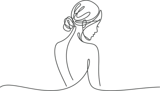 Continuous line art drawing of a woman from behind, showing her bare back and elegant hair styled in a bun, elegance