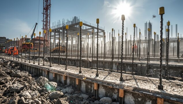 Worksite featuring exposed rebar secured with yellow safety caps to avoid injuries.