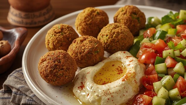 Zoomed-in view of Arabic flour with falafel, hummus, and vegetable salad.