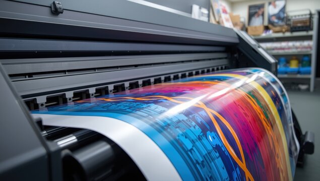 Detailed view of a large tarpaulin printer, highlighting the anti-static rollers and silent guide rail.