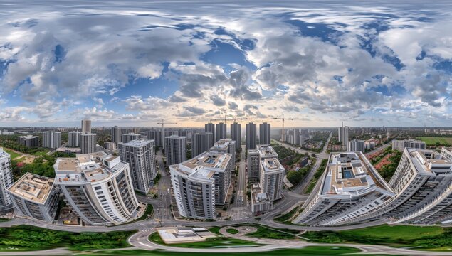 360-degree aerial view of a new modern residential complex with tall buildings in seamless spherical projection.