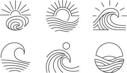 Sun and waves line art icons set for ocean and beach concepts and summer designs with tropical circular collection © MdMujahidFakir