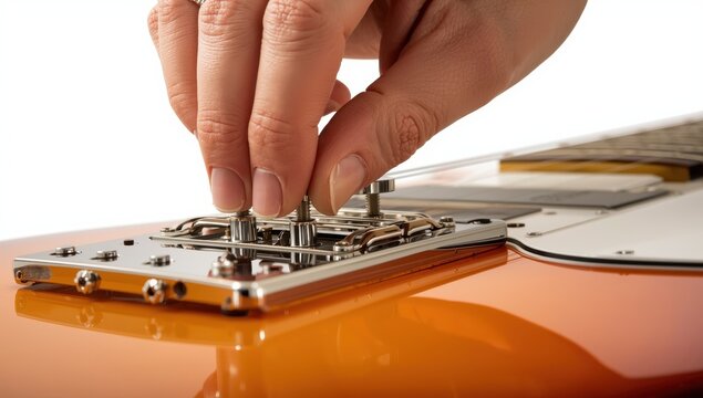 Detailed shot of a hand fine-tuning an electric guitar's pegs against a white backdrop. Ideal for music instruction, guitar setup imagery, or instrument care topics.