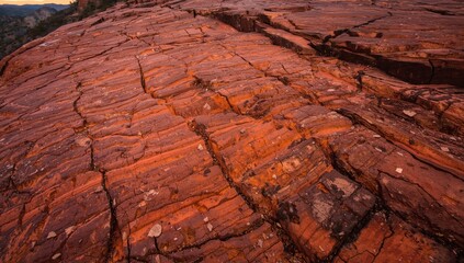 Fototapeta premium An intricate, zoomed-in view of a rough cliff surface featuring profound fissures and bright red and orange hues, highlighting the striking force and allure of geology.