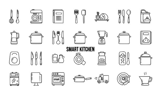 Smart Kitchen Line Icons and Cooking Appliance Vector Collection