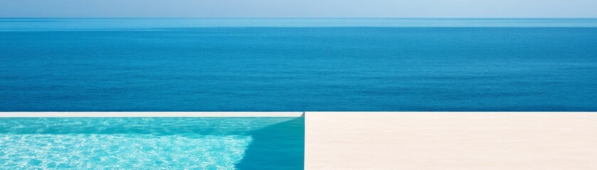 Fototapeta premium Azure Infinity Minimalist geometric composition of a vast blue ocean seamlessly meeting an infinity pool and pristine white deck, evoking serene luxury. ,Modern ,Tranquility
