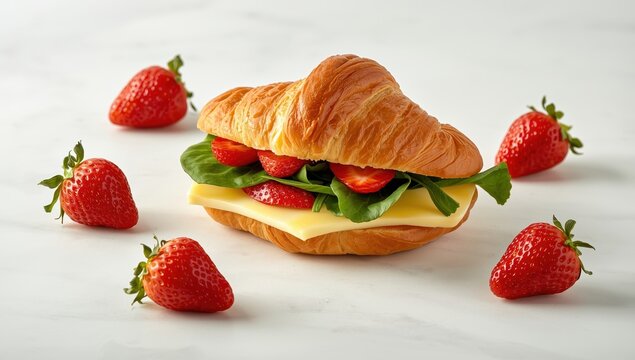 Croissant sandwich with cheese, strawberries, and spinach. Tasty breakfast or snack on a light backdrop, long banner style.