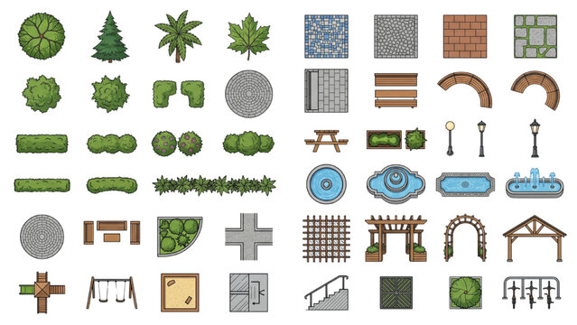 Urban Landscape CAD Blocks Premium Top View Architectural Vector Collection of Trees Shrubs Benches Pathways and Outdoor Planning Toolkit Elements