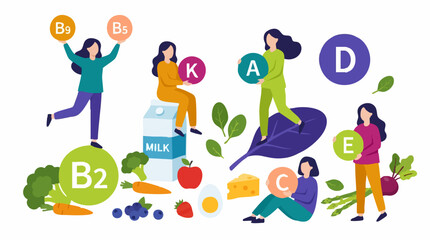 Fototapeta premium Women with vitamins and healthy food for a balanced diet illustration