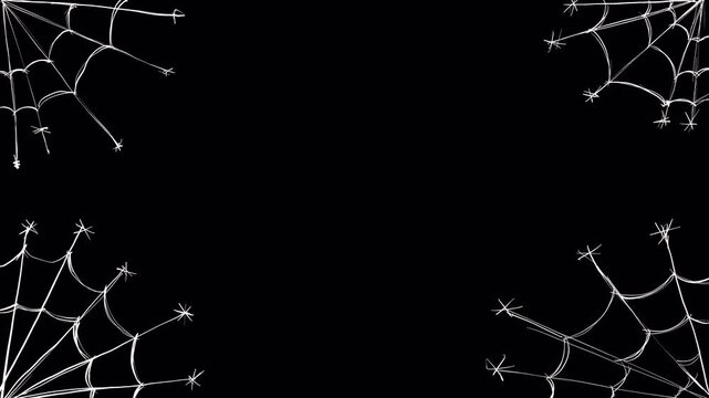 Dynamic white spider web on a black background. Animation of weaving spider webs in the corners of the frame. Halloween effect for horror clips.