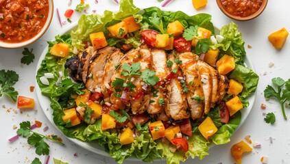 Fototapeta premium Delicious salad featuring grilled chicken, mango, spicy salsa, tomatoes, cilantro, red onion, and lettuce in a Tex-Mex style, shot from above on a white table.