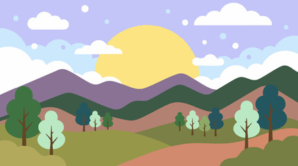Fototapeta premium Cartoon illustration of a peaceful mountain landscape with sun and trees