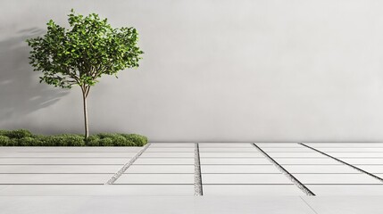 Obraz premium Clean outdoor aesthetic a solitary green tree against a white wall, set on a modern grey paver patio with linear gravel. Minimalist architectural backdrop for display.