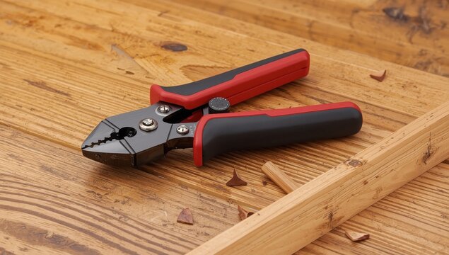 Red and black wire cutter on wood, designed for cutting cables in electrical tasks or home fixes.